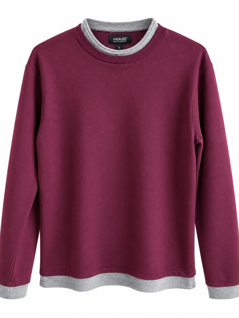 Nick (it) Men’s Layered Look Burgundy Sweater W/Elbow Patches Size L Cotton